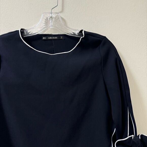 Zara Navy & White Contrast Piping Bow Long Sleeve Blouse - Size XS - Picture 2 of 7